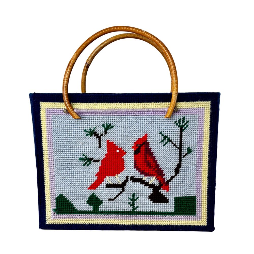 Vintage 1970s Needlepoint Purse Cardinals Bird Wood Handles Retro Tote Bag